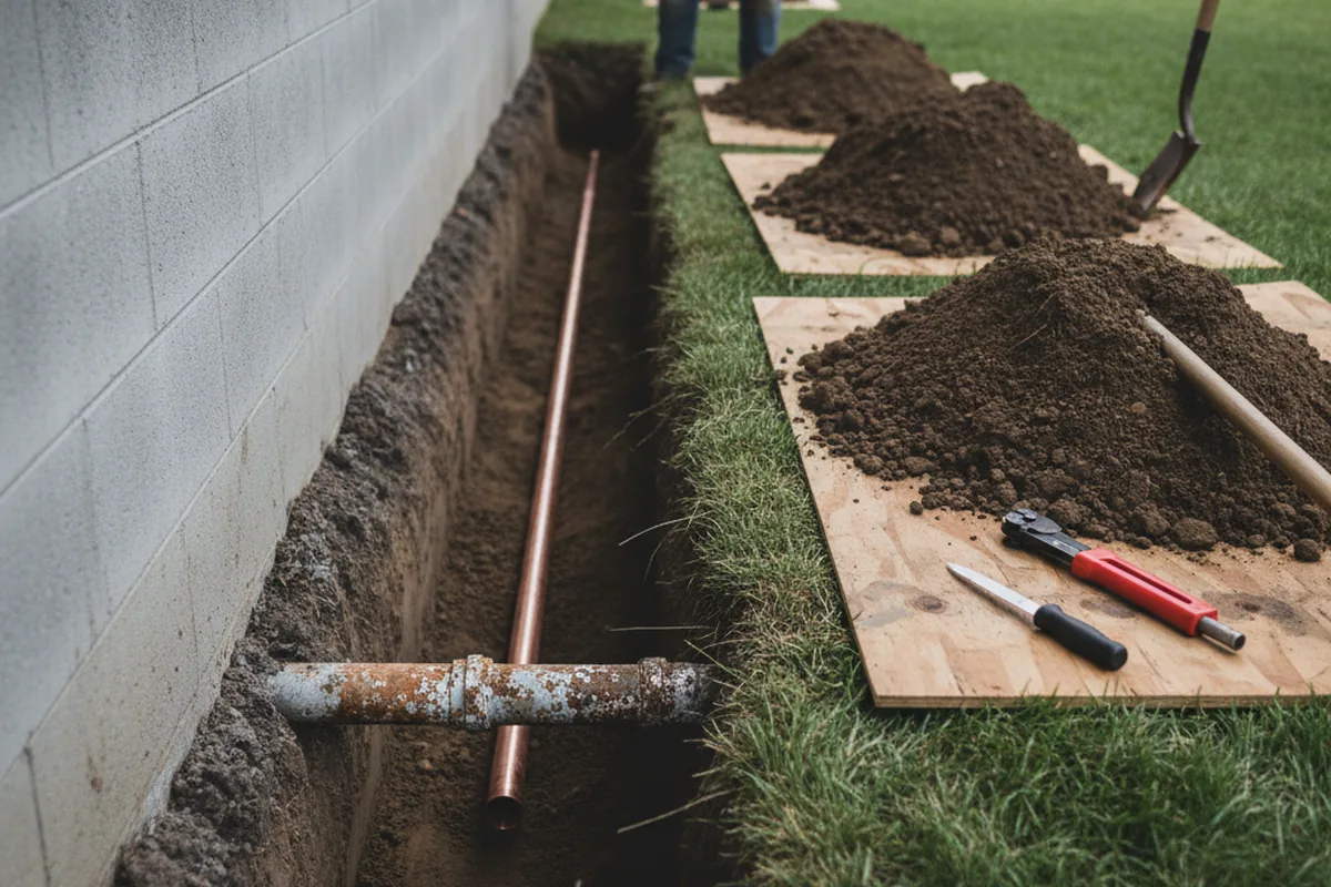 Excavated water line trench during Water Softener Installation in Armington